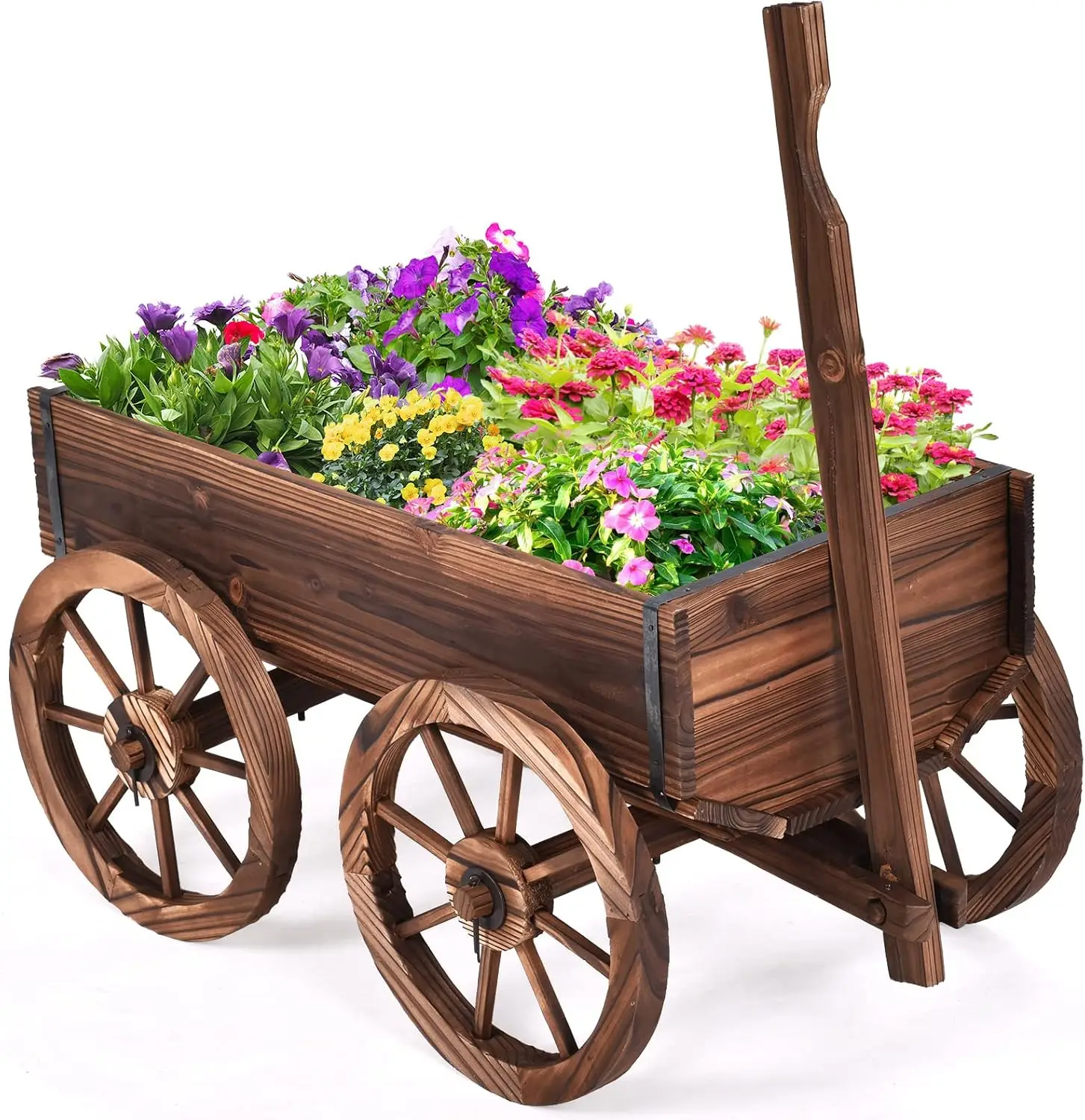 Wooden Wagon Wood Flower Planter Pot Stand 4 Wheels Drainage Holes Amish Wagon Planter Rolling Pot Stand Outdoor Plants Garden D