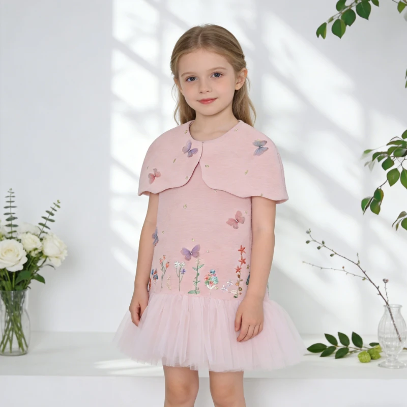 2026 Children Girls Short Dress Vestido Elegant 3D Flower Kids Sleeveless Princess Gown Clothes Birthday Party Formal Costume
