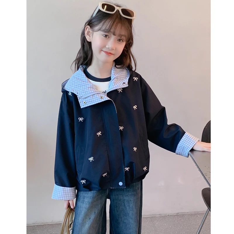 123  5-14 Y Girls Casual Jackets New Spring Sweatshirt Coats Autumn Kids Bow Print Thin Zipper Outerwear Teen Sport Clothes