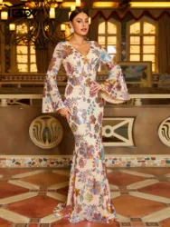 Yesexy 2024 New High Quality Luxury Dress V Neck Flare Sleeve Floral Mermaid Evening Prom Party Dress