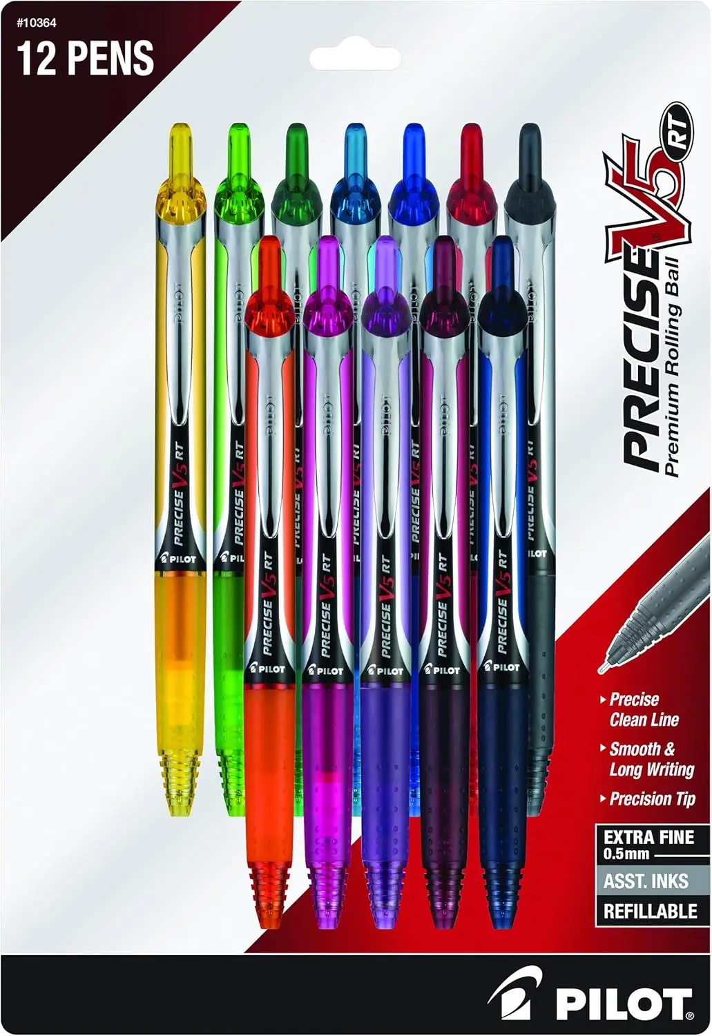 

Precise V5 RT Refillable & Retractable Liquid Ink Rolling Ball Pens, 0.5mm Extra Fine Point, Assorted Colors, 12-Pack