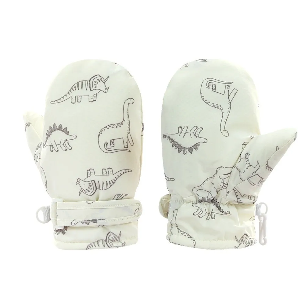 Cute Waterproof Skiing Snow Gloves Thickened Fleece Warm Cartoon Dinosaur Print Mittens Windproof Non-slip Winter Gloves Sports