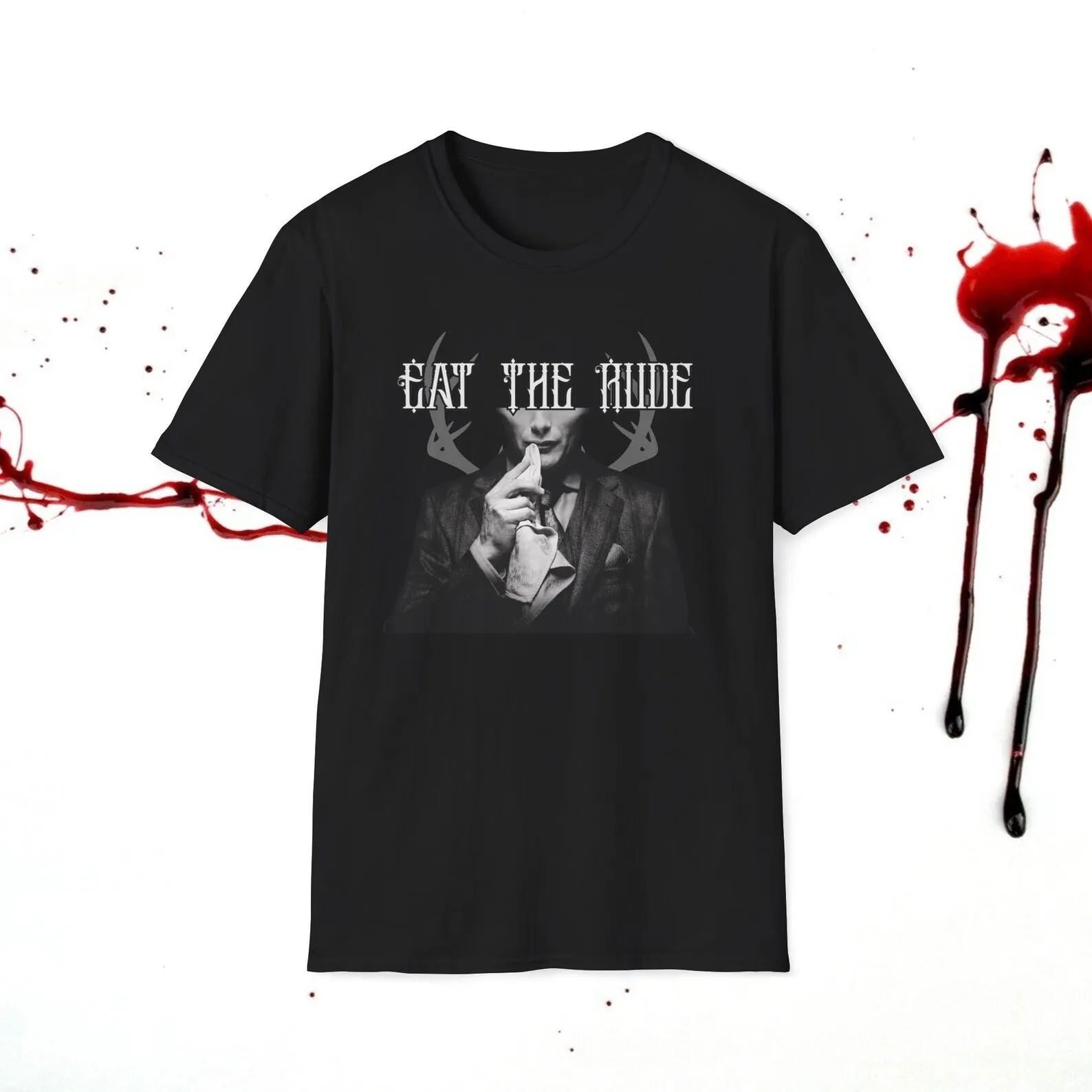 Hannibal Horror Movie Graphic T-Shirt, Eat the Rude Vintage Mads Mikkelsen Print Short Sleeve Tee, Unisex Casual Top S-6XL