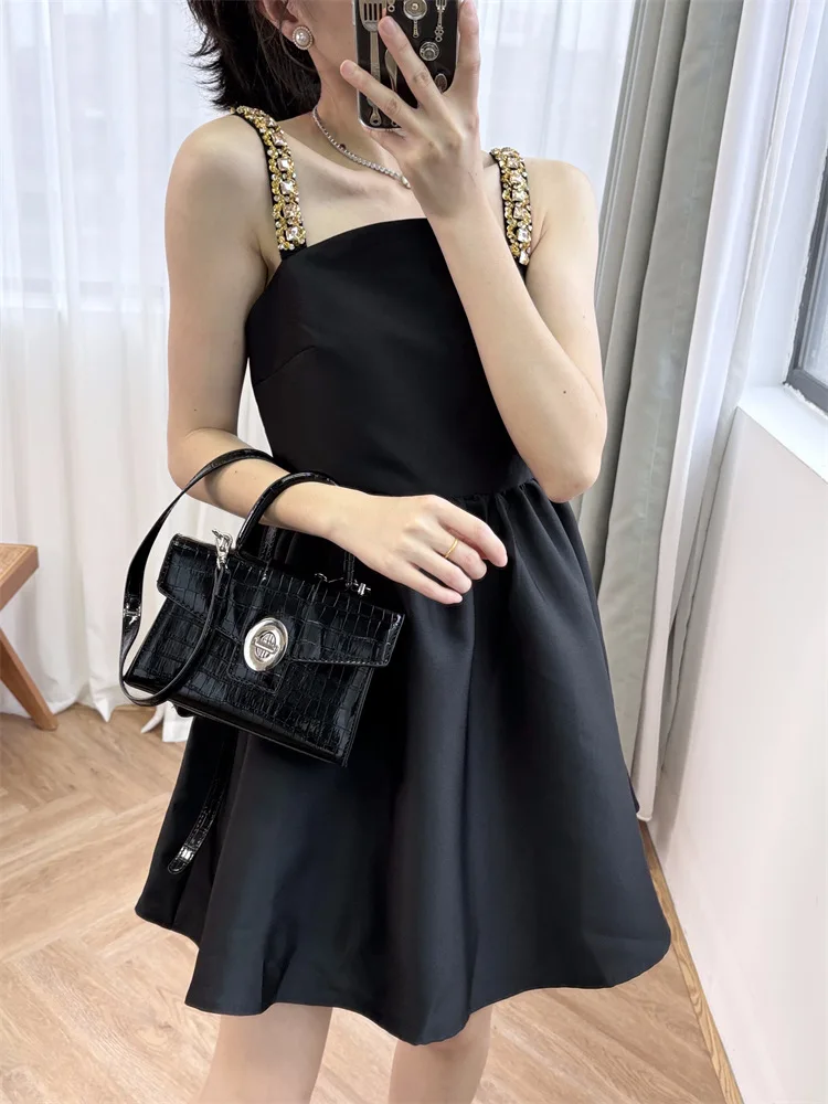 High End สีดําเพชรประดับด้วยลูกปัดหรูหราชุดสําหรับพรหมผู้หญิงแขนกุดอารมณ์ Elegant High เอวชุดปาร์ตี้ฤดูร้อน