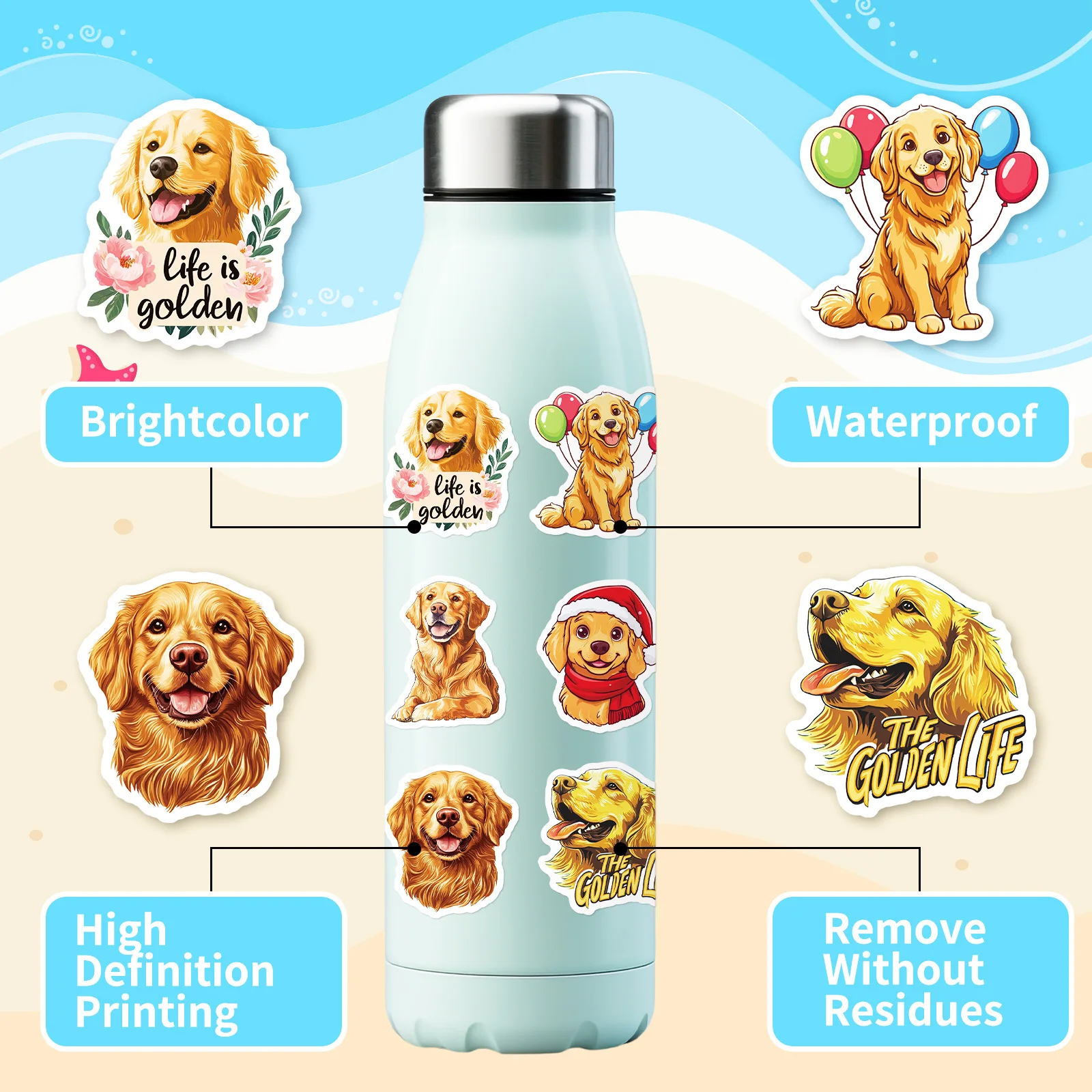 10/30/50 Uds pegatinas de dibujos animados de Golden Retriever pegatina de perro Kawaii lindo Animal juguete equipaje portátil guitarra bicicleta decoración calcomanías
