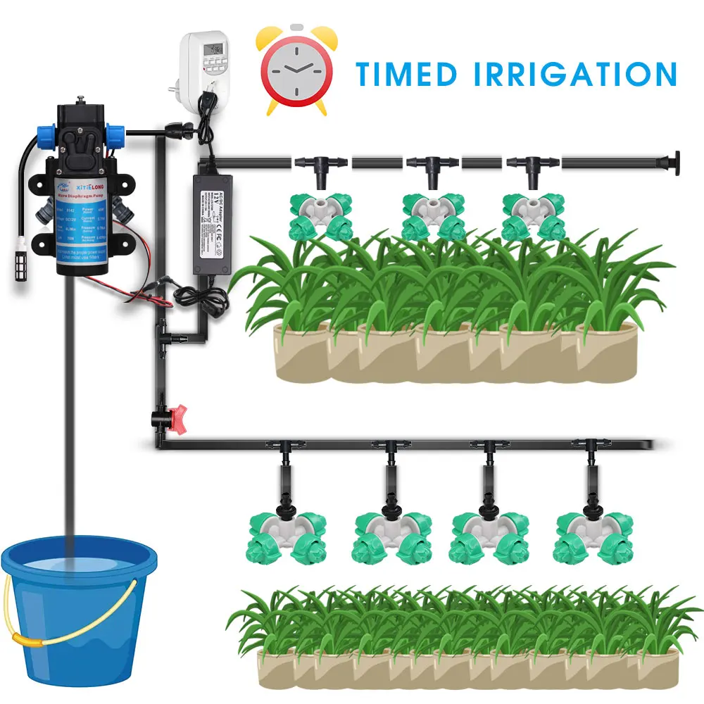 60W Self-Priming Pump Drip Watering System 5-30M Cross Fine Sprayer Kits for Courtyard Greenhouse Automatic Irrigation Equipment