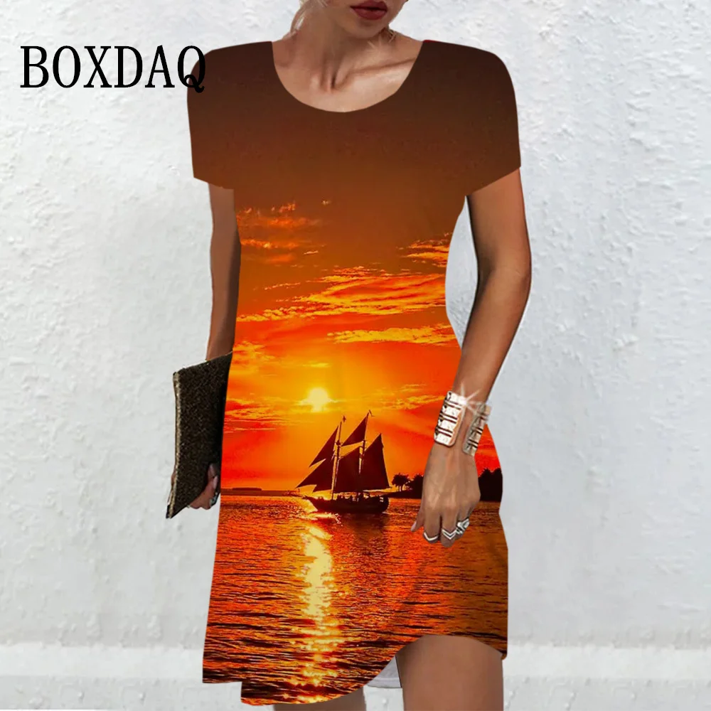 Vintage Natural scenery 3D Boat Printed Dresses For Summer 2024 Women Pullover Short Sleeve Dress Casual Retro O-Neck Mini Dress