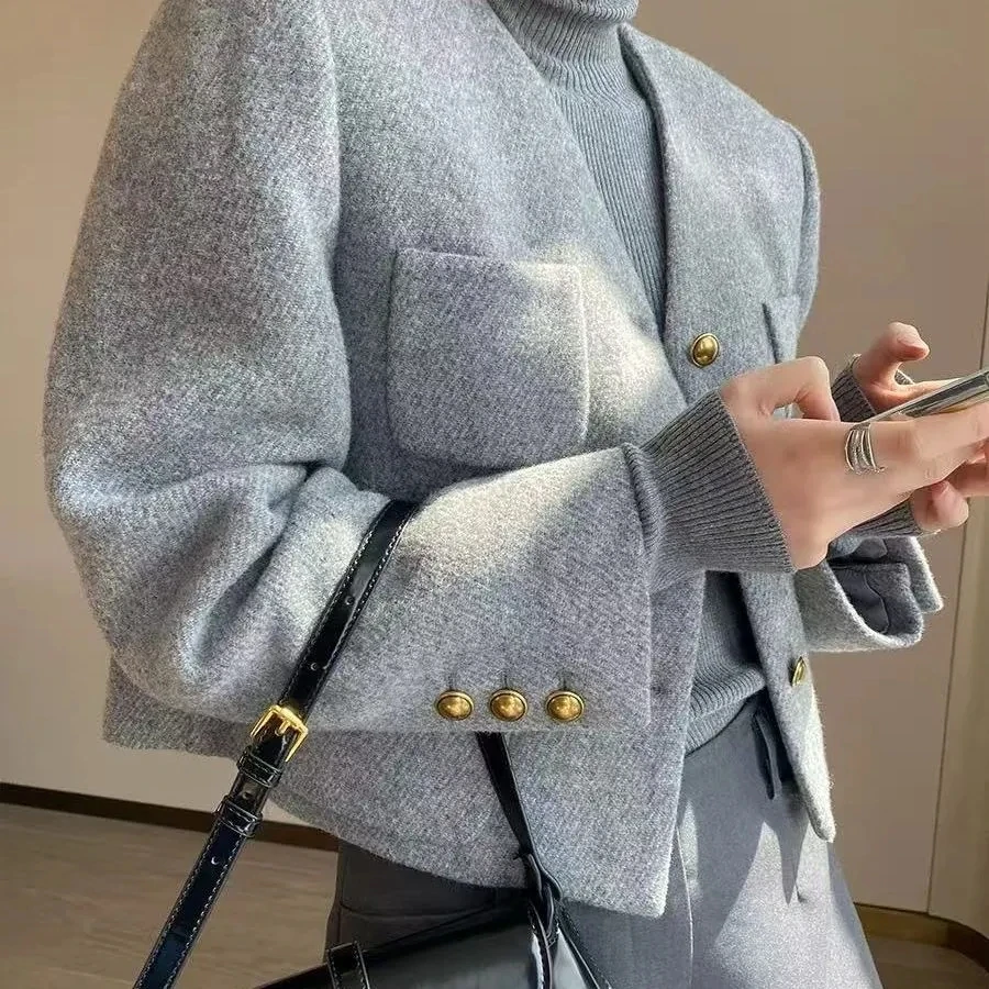 

High Quality Grey Woolen Coat Women Winter Retro Pocket Single Breast Jacket Office Ladies Elegant Long Sleeve Streetwear Tops