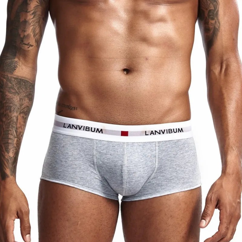 Men Cotton Boxer Briefs Contrast Letter Print Waistband Solid Soft Breathable U Convex Pouch Mid Rise Male Underwear