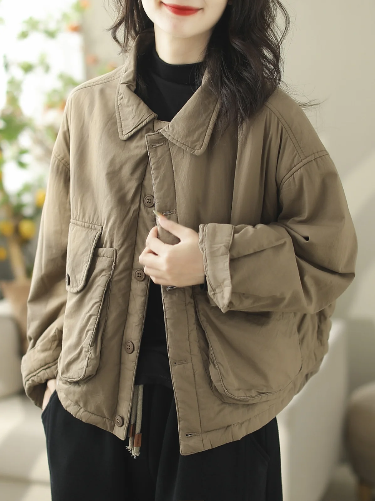 

Ретро-куртка из утолщенного хлопка для женщин, рабочая одежда, пальто с большими карманами, осенне-зимняя теплая хлопковая стеганая верхняя одежда