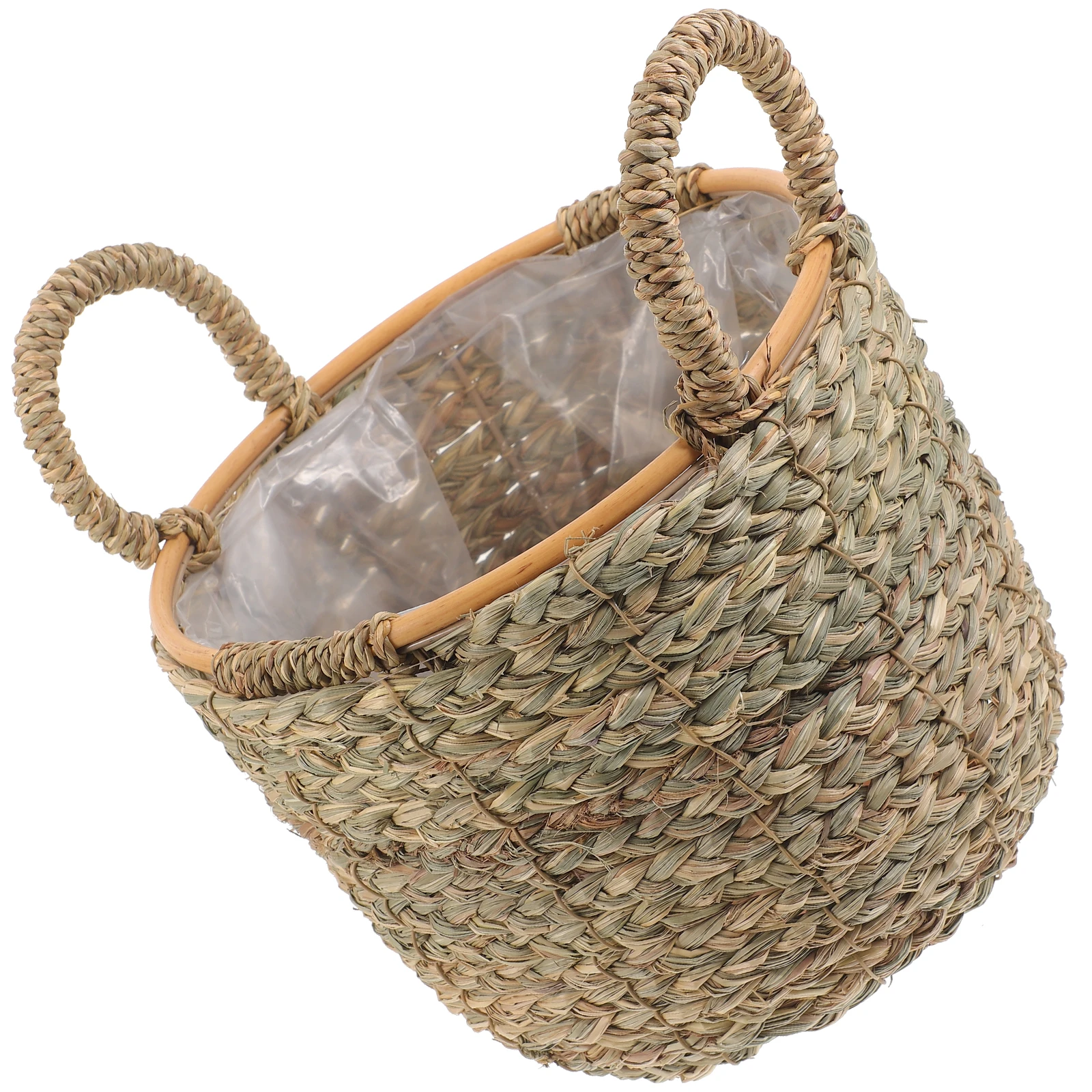 

Straw Woven Basket Rustic Style Planter Basket with Handle Plastic Liner Multi Purpose Storage for Plants Flowers