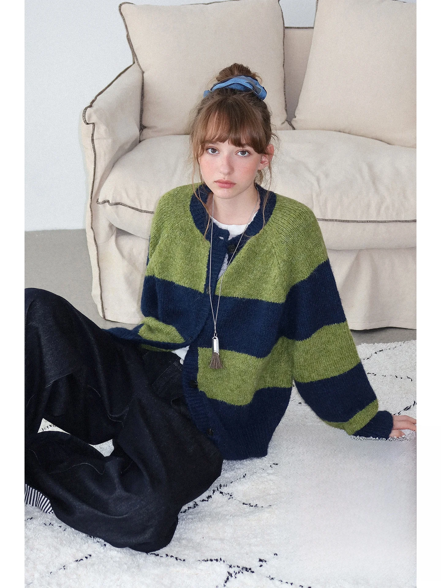 

Nordic Retro Color Blo Wide Stripes Woolly round Ne Lazy Knitted Open Cardigan Women's Faion Comfortable Loose Fit Long...
