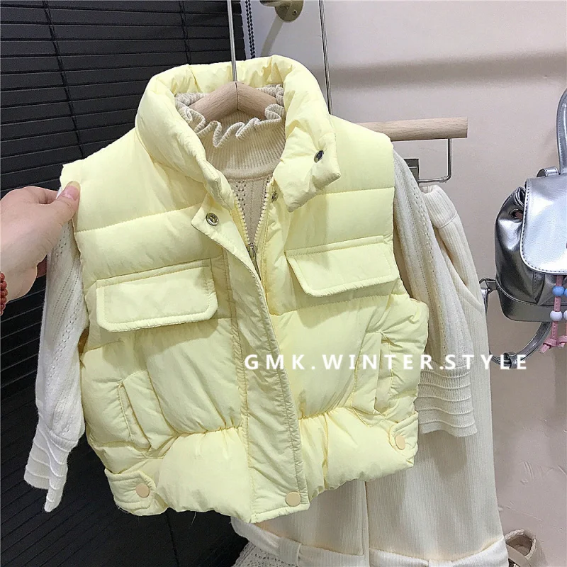

Girls' New Winter Korean Style Thickened Cotton Vest Half High Collar Windproof Vest Baby Simple Solid Color Jacket
