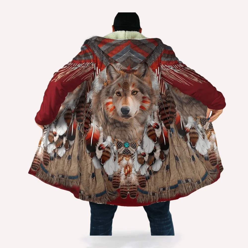 Men's Winter Fashion Hooded Cloak Native Tribal Wolf Pattern 3D Printed Unisex Plush Thick Long-sleeved Fleece Jacket Coat AZ-03