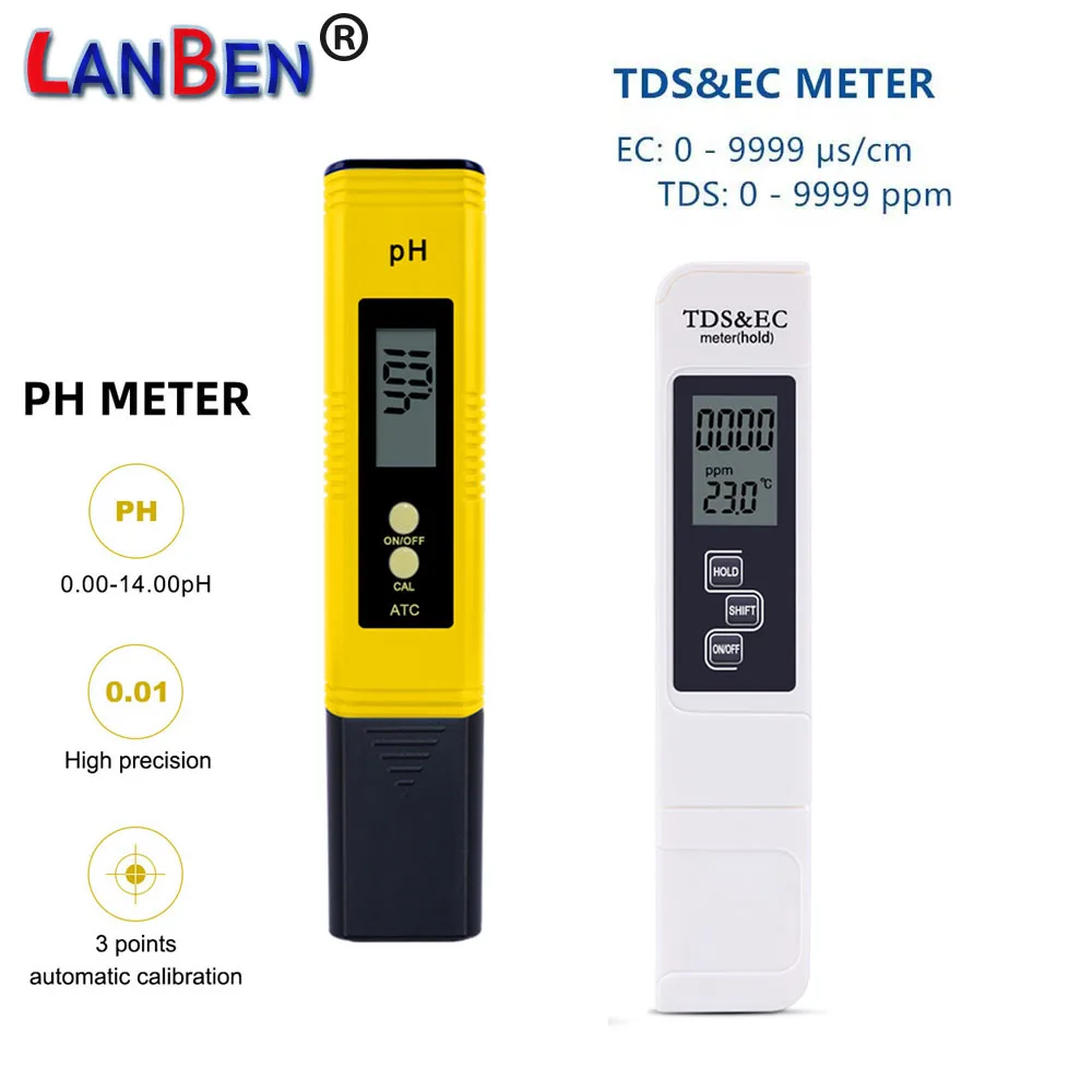 Digital PH TDS EC Meter Portable Water Quality Tester Pen  ATC Aquarium Conductivity Analyzer Instruments 0-9999Us/Cm/Ppm