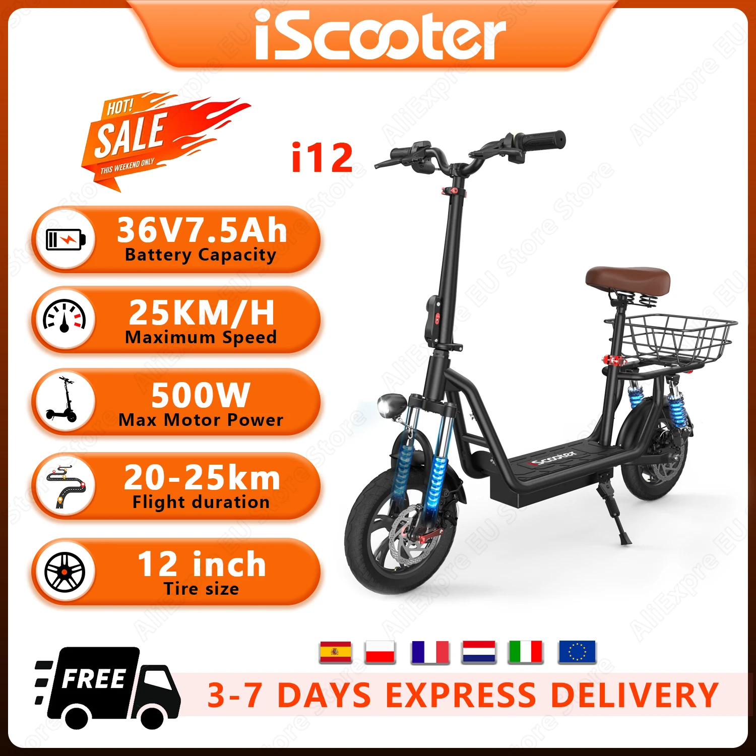 IScooter i12 E-Scooter 500W motore 36 v7.5ah batteria City Shopping Trip Scooter elettrico con sedile E cestino 12 pneumatici escooter