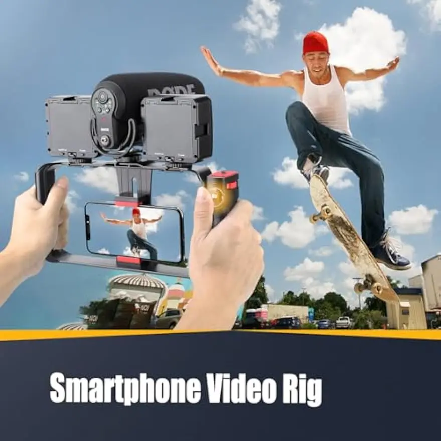 Universal Camera Stabilizer with Smartphone Cage, Triple Cold-Shoe Grip for All Cameras and Action Sports