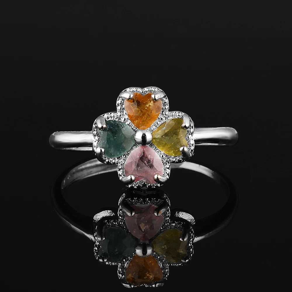 100% natural tourmaline citrine Gemstone Four-leaf Clover Ring Women's adjustable copper silver plated ring Party Jewelry Lucky