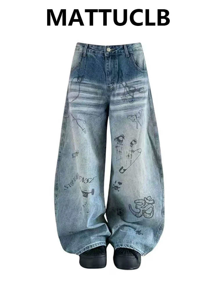 

Women's Baggy Jean Bleach Denim Pants Print Y2K Japanese Harajuku 2000s American Retro Long Trousers High Street Boyfriend New
