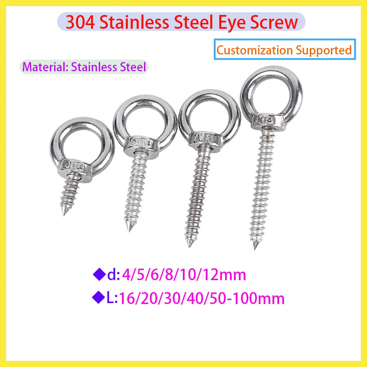 304 Stainless Steel Lifting Ring Bolt Self Tapping Wood Screw M4 M5 M6 M8 M10 M12