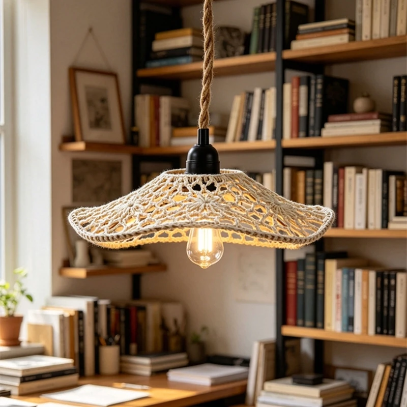 Openwork Rope Lamp Shade with Cotton Exterior, Distinct Iron Frame Structure, and Round Flared Decorative Profile M4YD