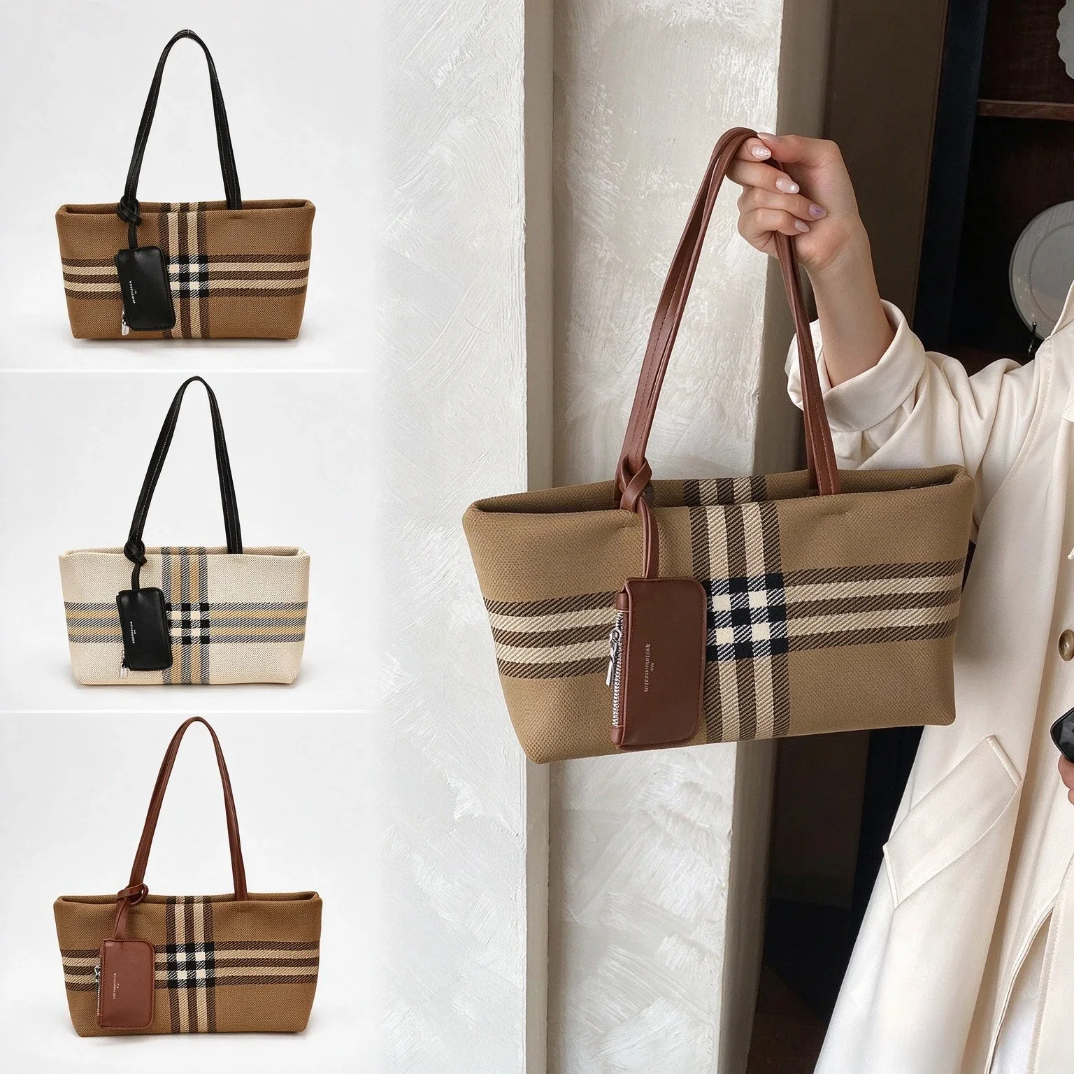 Classic Plaid Canvas Tote Bag for Women, Large‑Capacity Shoulder Handbag with Matching Card Pouch for Office Daily Travel