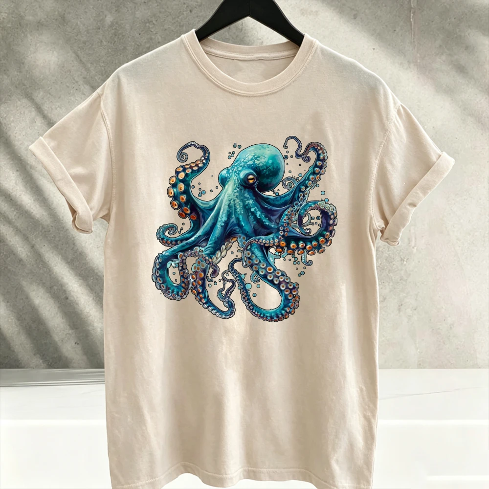 Realistic Blue Octopus Ocean Creature Graphic T‑Shirt Men Women Crew Neck Vivid Marine Animal Art Print Soft Cotton Casual Tops