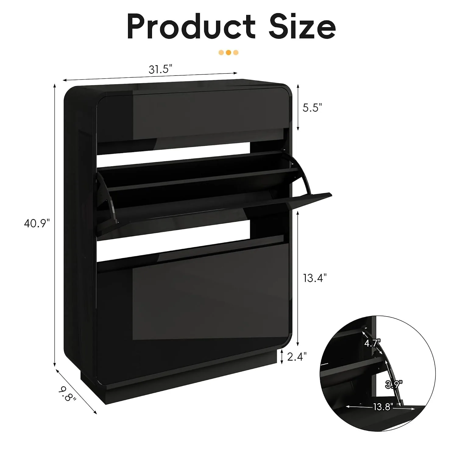 Modern Narrow Shoe Storage Organizer 2 Large Flip Drawers & Top Drawers Adjustable Shelves, Custom