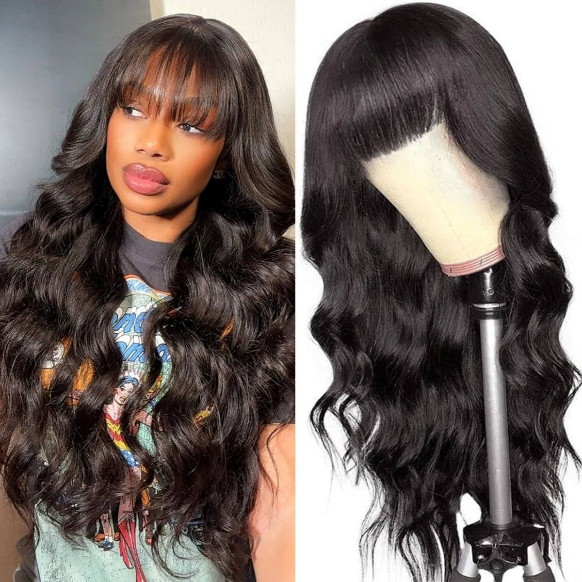 

Волнистые парики из натуральных волос с челкой, без клея, машинной работы, 16-22 дюйма, бразильские волнистые парики для женщин, натуральный цвет