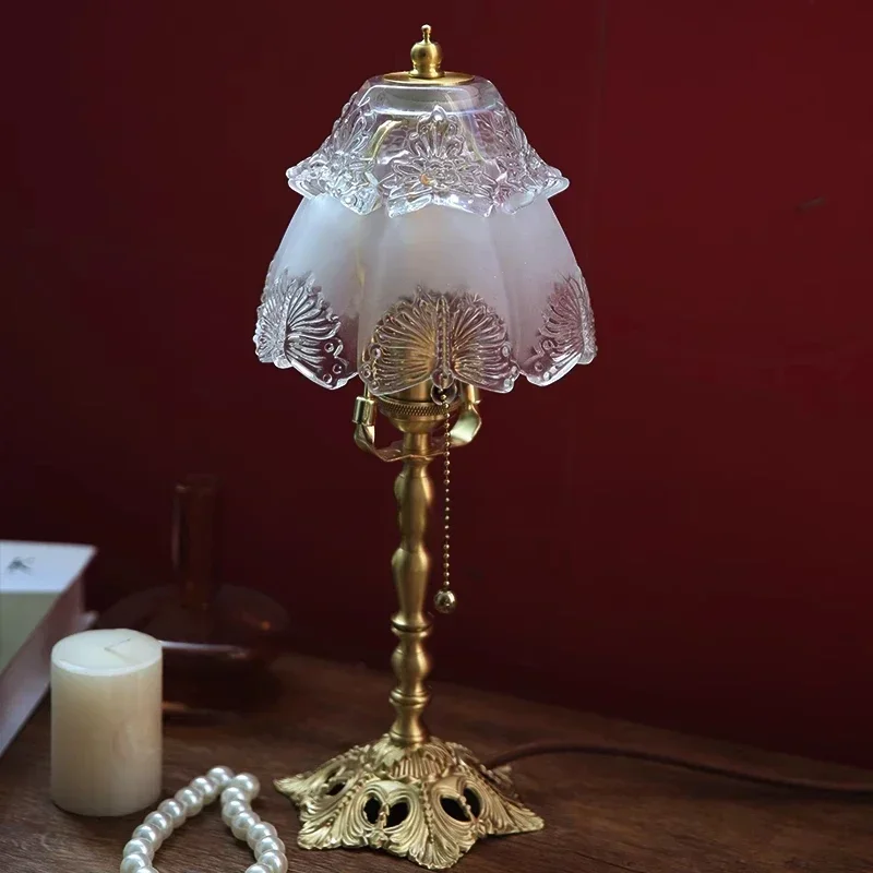 Treasure Warehouse, French Vintage Niche Brass Crystal Glass Desk Lamp Vintage Medieval Carved Bedroom Bedside Lamp