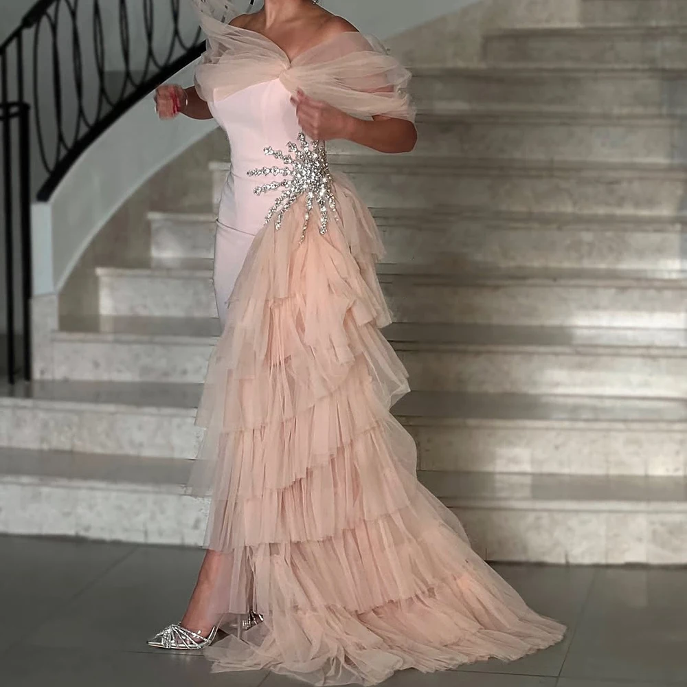 

Customized A-line Evening Dresses Floor-length Off The Shoulder Sleeveless Prom Gown Fashion Crystal Simple Draped Party Gown