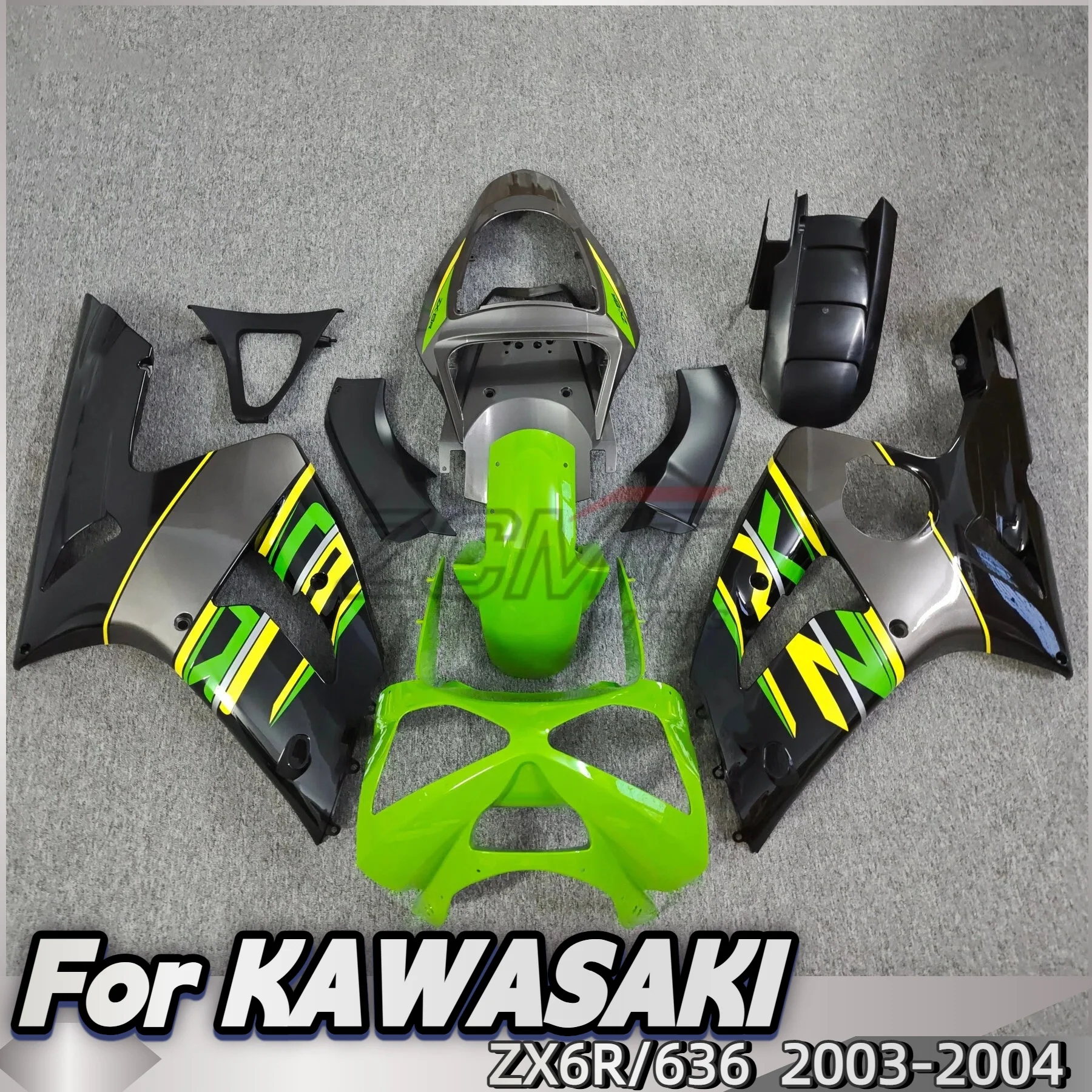 

The Motorcycle Fairing kit is Applicable To The For Kawasaki ZX-6R Ninja636 2003 2004 The Body Fairing is Green Yellow Black