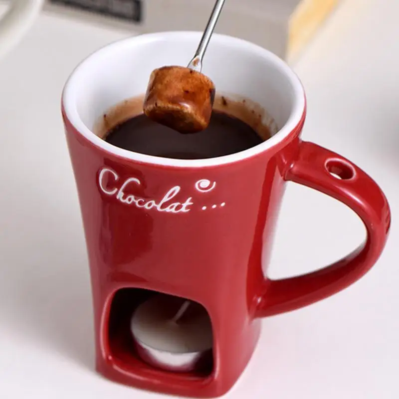 Hot Pot Ceramic Melting Cup Chocolate Melting Ceramic Mug Tea Candle Fondue Set Ceramic Mug with Fork Creative Tableware