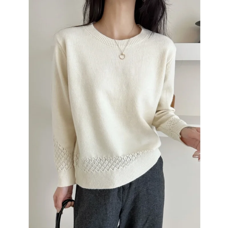 

Simple Solid Hollow Long-sleeved Bottoming Shirt Women Spring Autumn Fashionable Loose Sweater Versatile Round Knitted Top