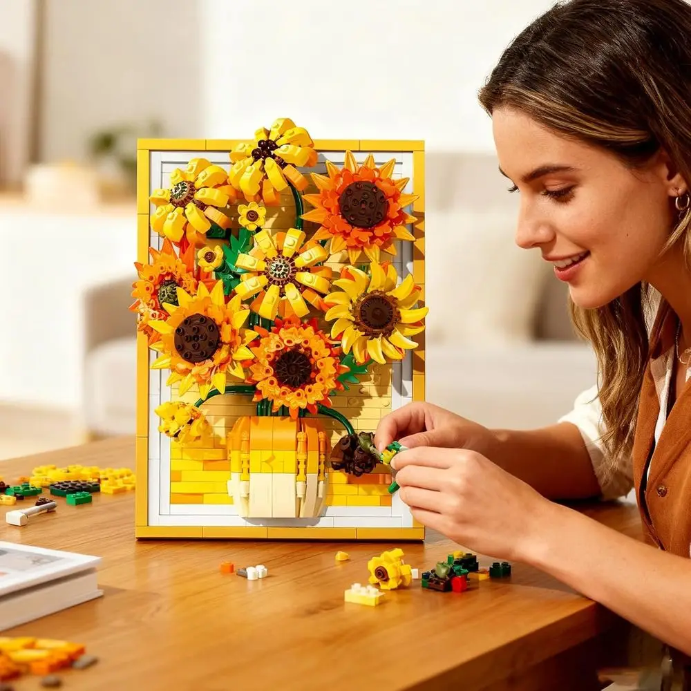 مكعبات بناء عباد الشمس ثنائية الأغراض من سوسوي، 1011+ قطعة، إطار فني جداري، ديكور منزلي مزين بالزهور، ألعاب جذعية للنساء والمراهقين، وG