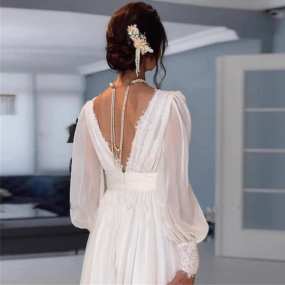 Vintage Lace Wedding Dress Long Puff Sleeves V Neck Chiffon A Line Bridal Gowns Backless Floor Length Elegant Boho Robe De Noiva