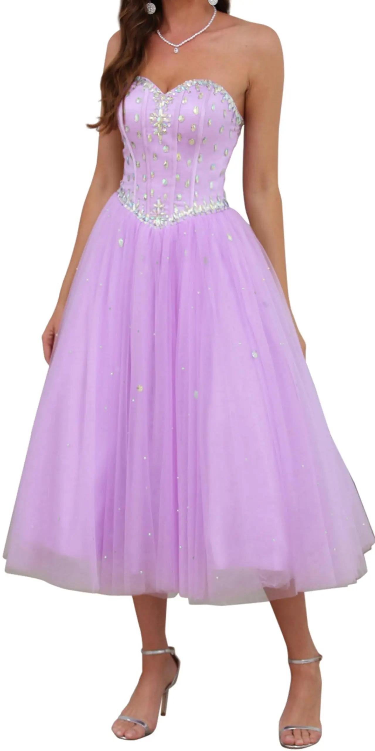 Elegância sem alças chá comprimento vestido de baile tule longo vestido de dama de honra cristal brilhante miçangas vestido de festa à noite