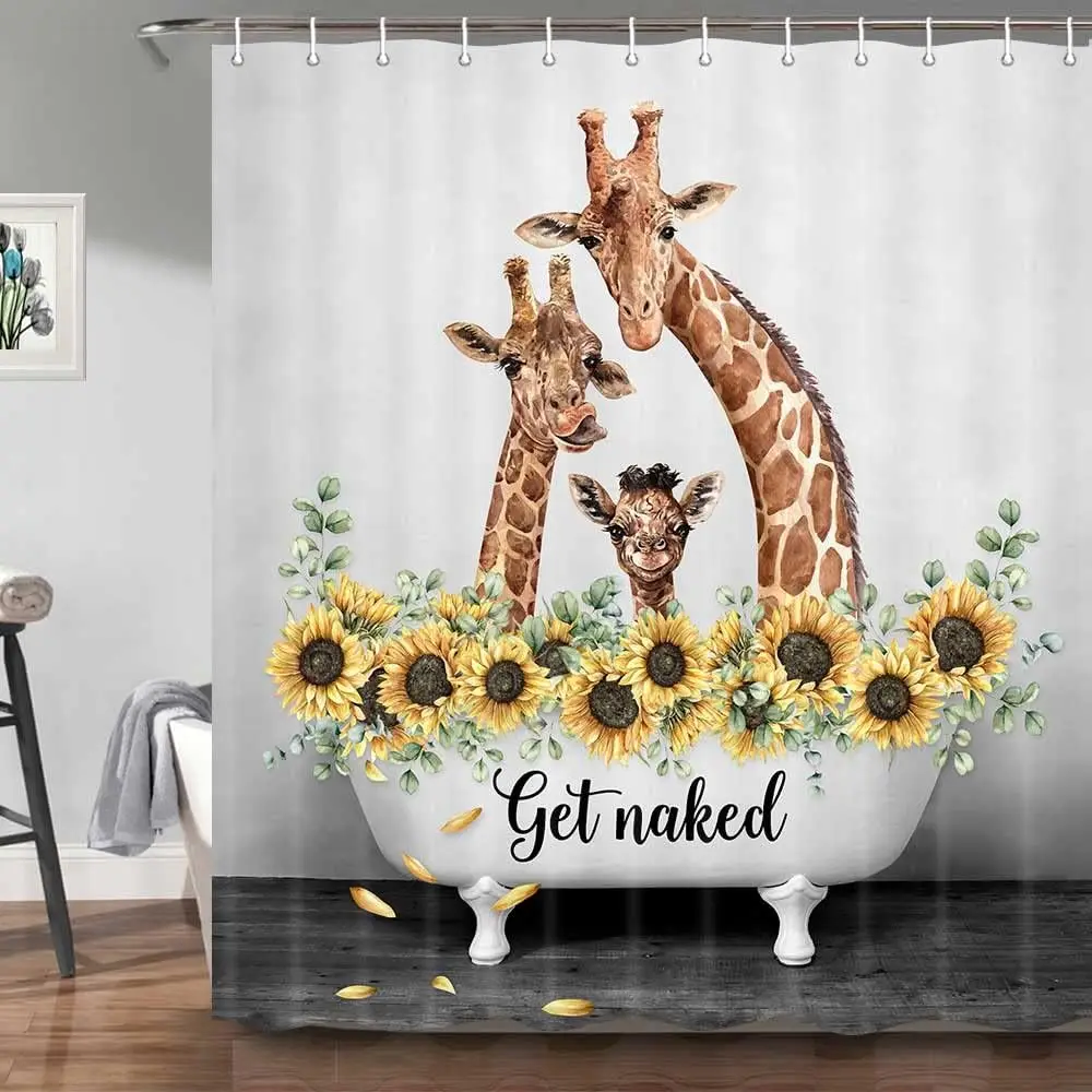 

Funny Giraffe Get Naked Shower Curtain, Cute Animal Sunflower Modern Decor, Artistic Waterproof Washable