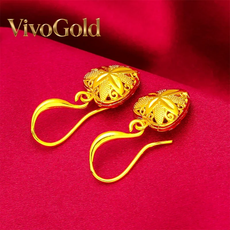 VivoGold 24K Gold Heart Earrings AU999 Pure Gold, 3D heart design, mirror-polished finish, perfect for daily wear with a touch o