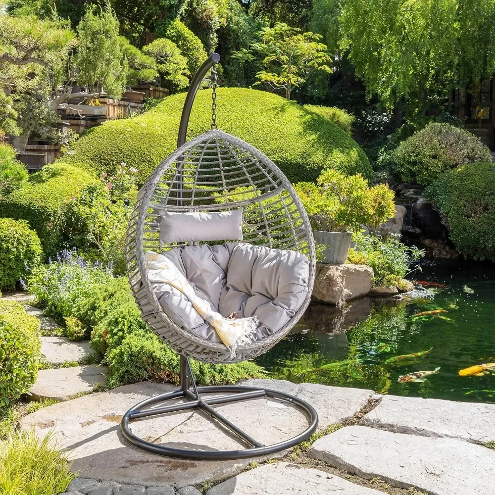 Leasa Outdoor Wicker Hanging Basket Chair with Water Resistant Cushions and Iron Base