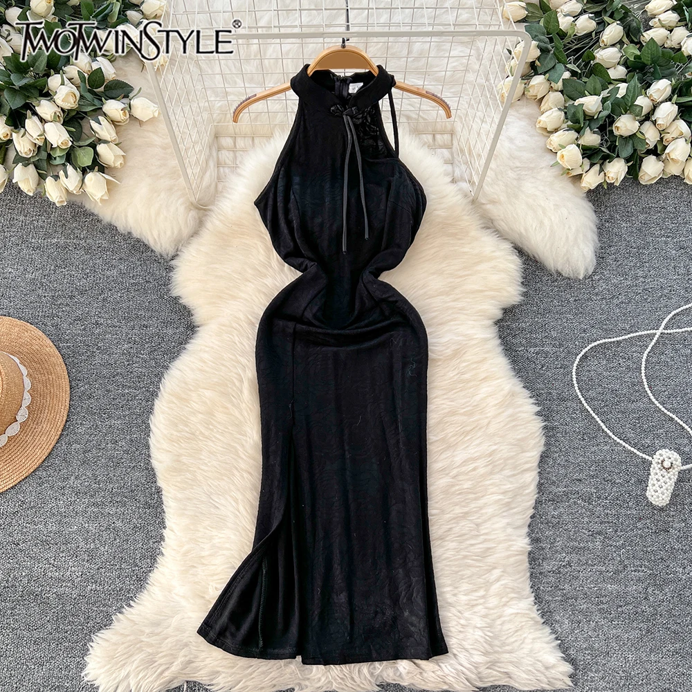 

TWOTWINSTYLE Solid Spliced Appliques Slim Dresses For Women O Neck Sleeveless High Waist Party Fashion Dresses Female KDR522362