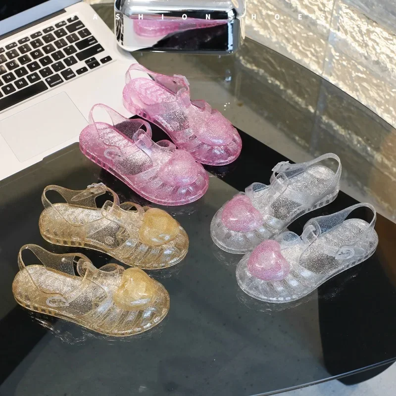 Sommer Mädchen Herz-Kristall Jelly Römische Prinzessinnen-Sandalen Kinder Weiche Sohle Rutschfeste Wasserschuhe Kinder Schnallensandalen Freizeitschuhe