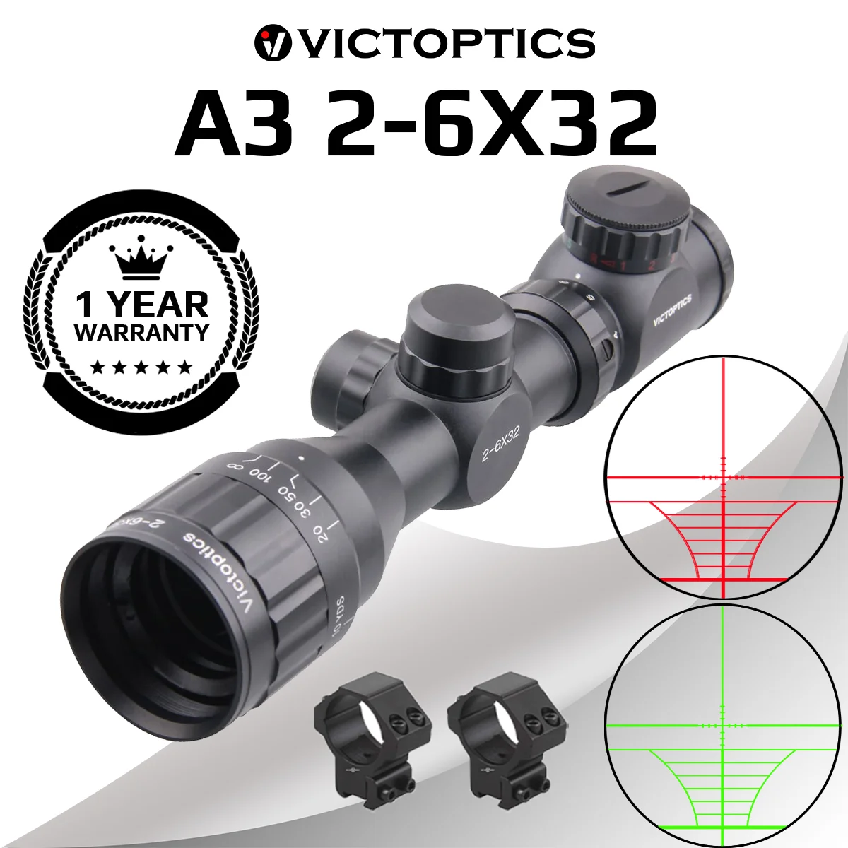 

VictOptics A3 2-6x32 Riflescope Hunting Optical Scope Telescopic Sight Range Finder Reticle Air Rifle Airgun .22LR .223 5.56mm