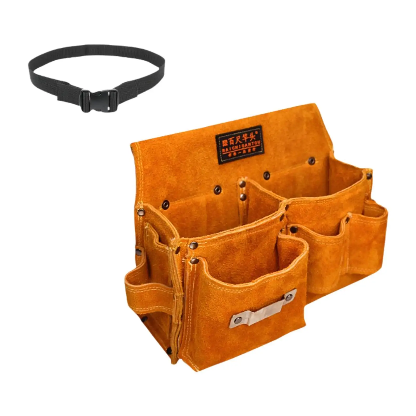 Cowhide Waist Tool Bag with Adjustable Belt Professional for Home Improvement Task Large Capacity Sturdy Yellow Multifunctional