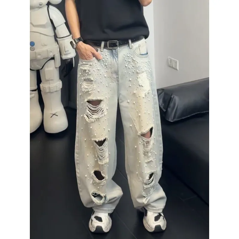 Casual Washed Denim Jeans Loose Wide Leg Pants Men Women Printed Letter Hole Design Fashionable Vintage Style Drawstring Waist