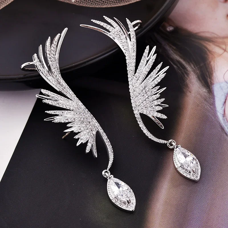 S925 Pin Clip Earring for Women AAA Zircon Luxury Charms The Wings of An Angel Hooping Ear Cuffs Korean Fashion Jewelry Hiphop