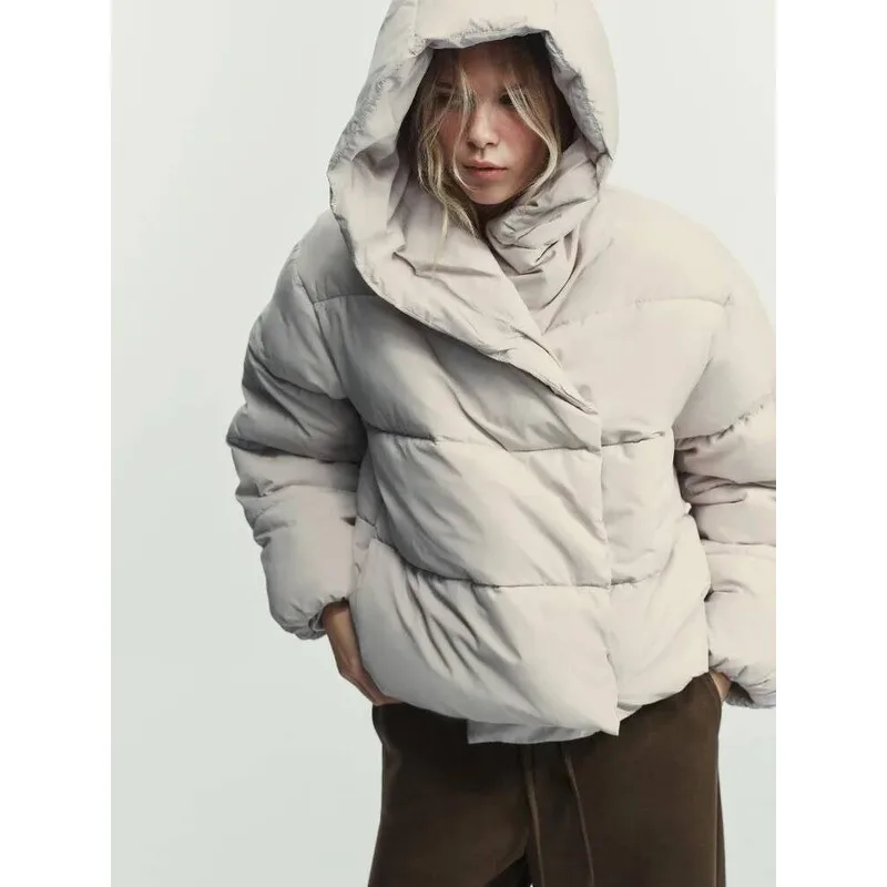 

Casual Quilting Hooded Cotton Coat Women Solid Full Sleeve Loose Short Puffer Jacket 2025 Lady Winter High Street Warm Outwear