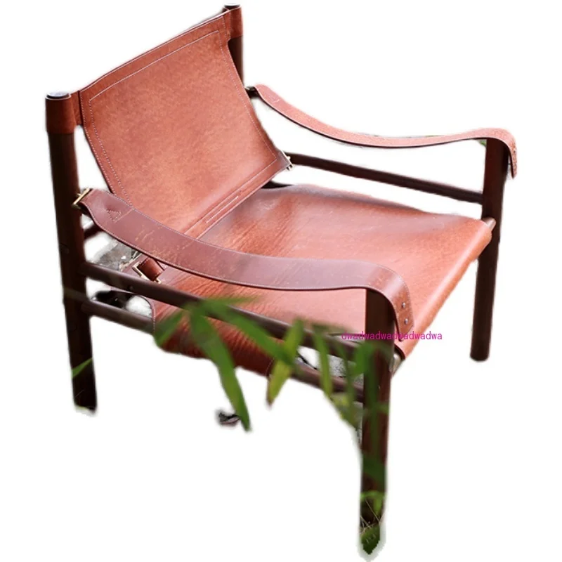 

Vintage leather vegetable tanned leather chair designer Italian solid wood single leisure sofa, hot air hunting chair, frame