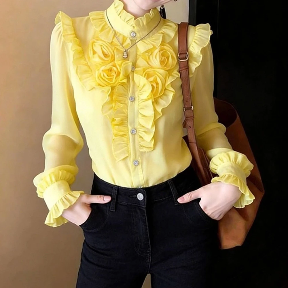 Fashion explosion age reduction  unique beautiful top high sense yellow three-dimensional flower shirt women's spring