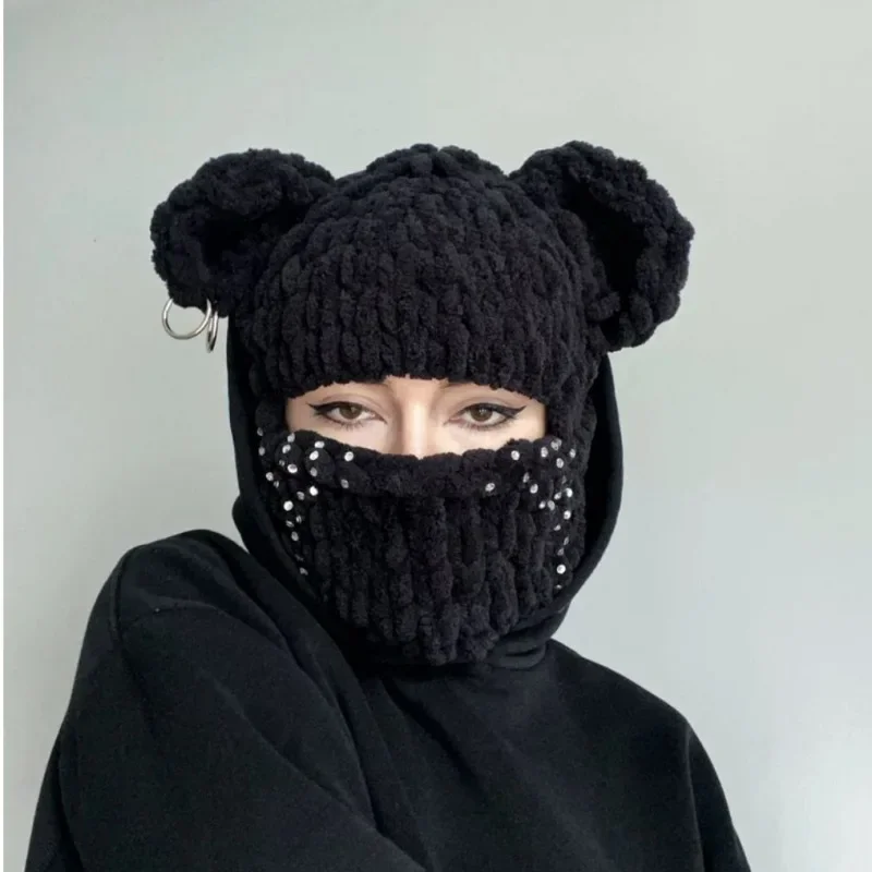 Hot Selling New Little Bear Ear Crocheted Hat for Adult Autumn and Winter Warm and Thickened Mask Integrated Woolen Hat